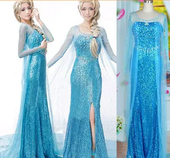Hot Predaj Elsa Kráľovná Dospelých Žien Šaty, Kostým Súťaž: Cosplay Kvetinový Maškarný Party Šaty Šaty Vestido Modrá Sexy Ženy, Oblečenie
