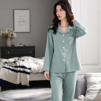 Jeseň Sleepwear Woymen je Pjamas Nastaviť Dlhý Rukáv Pevné Farba Pyžamo Voľné Pijamas Mujer Pre Ženy Bavlnené oblečenie pre voľný čas, Plus Veľkosti 4XL