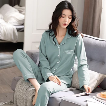 Jeseň Sleepwear Woymen je Pjamas Nastaviť Dlhý Rukáv Pevné Farba Pyžamo Voľné Pijamas Mujer Pre Ženy Bavlnené oblečenie pre voľný čas, Plus Veľkosti 4XL