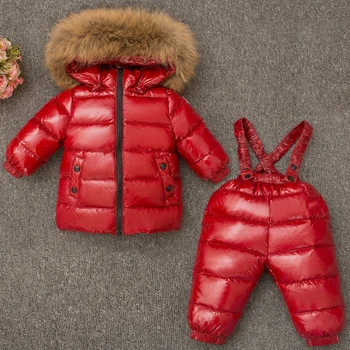 Detské nadol bunda nastaviť chlapci a dievčatá, deti nové zimné hrubé dole lyžovanie kabát 2-dielna sada skutočné prírodné kožušiny - 30 stupňov