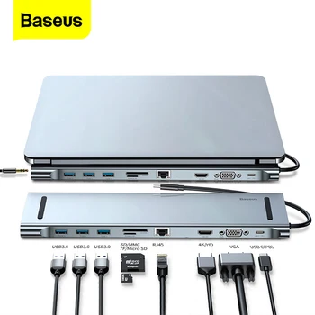 Baseus USB C HUB Typ C, HDMI, VGA RJ45 Multi Porty USB 3.0 USB3.0 Typ-C Splitter Pre Macbook Pro Air USB-C ROZBOČOVAČ sieťového Adaptéra