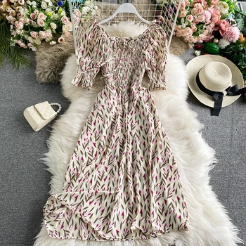 Letné Volánikmi midi šaty žien 2020 Nový kvetinový Tlač vysoký pás dlhý rukáv boho Vintage šaty dámske sexy rozstrapatené šaty žena