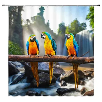 Papagáj Sprchový Záves Zelená Tropických Rastlín Biely Vodopád Roztomilý Žlté, Modré Farebné Papagáj 70 X 70 Palcový Domov Polyester Textílie