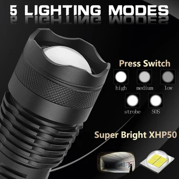 5000 lumen xhp50 najsilnejší blesk usb Zoomovateľnom LED baterkou xhp50 18650 Nabíjateľná batéria lov z50
