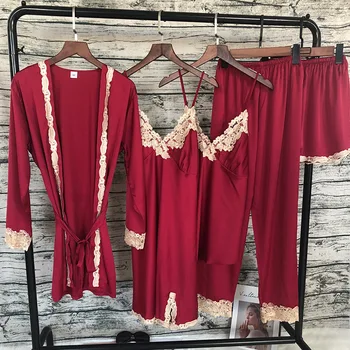 Lisacmvpnel Čipky Sexy Pyžamo 5 Ks Cardigan+Nightdress+Nohavice Nastaviť Pyžamo Pre Ženy