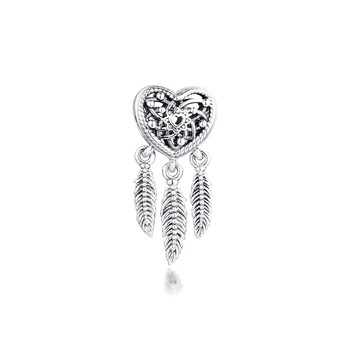 Strieborné prívesky Reálne 925 Sterling Silver Openwork Srdce Tri Perie Dreamcatcher Charms Nosenie Náramku Perličky Strieborné šperky