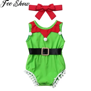 Dieťa Novorodenec Oblečenie, Batoľa, Dieťa Dievčatá bez Rukávov Klaun Golier Romper s hlavovým oblúkom Xmas Party Outfit Christmas Elf Kostým
