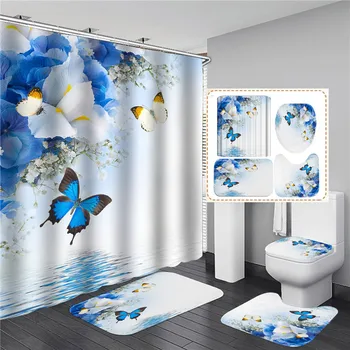 Blue Butterfly Vytlačené Sprchový Záves Vodotesný, Anti-slip Mat Polyester Wc Záclonové Háčiky s WC 4PCS Kúpeľňa Dekorácie