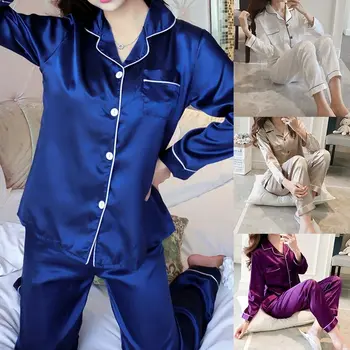 2 Kusy pijamas Ženy Sleepwear Faux Hodváb Saténové Pyžamo župan sady Jeseň Dlhý Rukáv Pyžamá pre ženy Pyžamá пижама женская