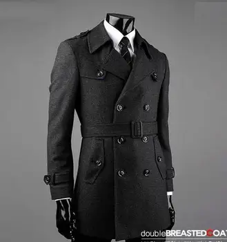 Sivá Double-breasted vlny kabát mužov 2020 výkopu bundy pánske vlnené kabáty zvrchníky módne šaty zimné pás plus veľkosť S - 9XL
