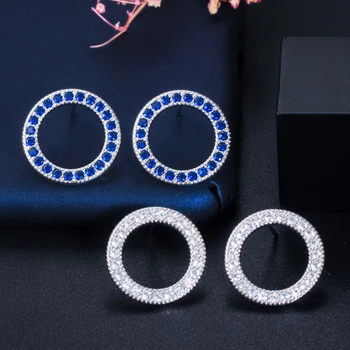 BeaQueen Módne Duté Okrúhle Kruh, Krúžok Náušnice Prívesok Náhrdelník Micro Pave Tmavo Modrá Cubic Zirconia 3 Ks Šperky Sady JS203