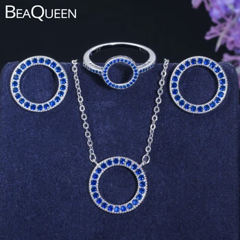 BeaQueen Módne Duté Okrúhle Kruh, Krúžok Náušnice Prívesok Náhrdelník Micro Pave Tmavo Modrá Cubic Zirconia 3 Ks Šperky Sady JS203