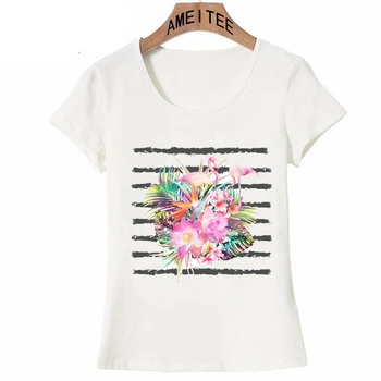 Trendy Tropické kvetinové lístky a plameniakov pruhy T-shirt Módne Ženy T-Shirt Príležitostné Letné Topy Tee lumbálna Žena T-Shirt