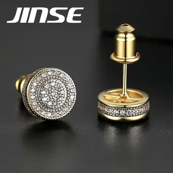 JINSE Punk Zlatá Farba Zirkónmi Okrúhleho Stud Náušnice Pre Mužov Hip Hop Micro Pave Krištáľové Náušnice Unisx Módne Šperky Mužov