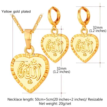 U7 Moslimských Šperky Sada Pre Ženy-Móda Farbu Zlata V Tvare Srdca Alaha, Náušnice, Náhrdelník Nastaviť S736