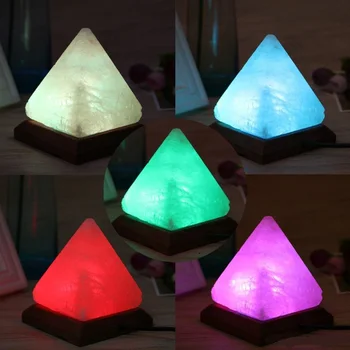 Lámpara Pirámide USB Led Sal Del Himalaya Cambio de Farieb Multicolor Base Madera Luz Colores