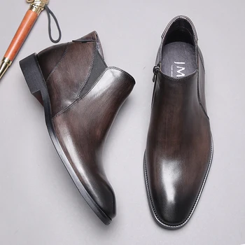 Nové Kvalitné Luxusné Zip Mužov Chelsea Boots Originálne Kožené Módne Členok Boot Dizajnér Black Hnedé Pánske Šaty, Topánky Topánky