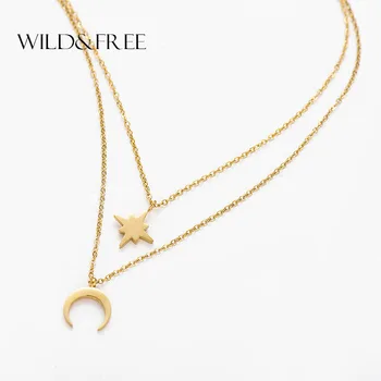 Wild&Free Moon Star Vrstvený Náhrdelník Pre Ženy, Dievča, Sveter Náhrdelníky & Prívesky, Zlate Kúzlo Nehrdzavejúcej Ocele Módne Šperky Darček