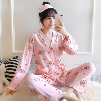 Jeseň Dlhý Rukáv Japonskom Štýle Kimono Ženy Pyžamo Nastaviť Sexy Jeseň Strappy 2piece Zimné Pajama Vyhovovali Ružová Ošípaných Domov Spať Nosenie