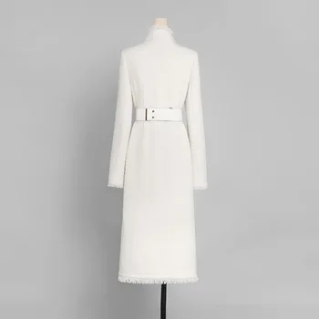 Biela strapec tweed vlnené kabát ženy stojí golier slim malé vôňa dlhý kabát