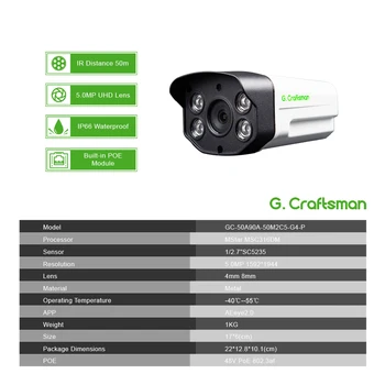 G. Remeselník 5MP POE IP Kamera, Vonkajšie Vodotesné 50m Infračervené Nočné Videnie Onvif 2.6 CCTV kamerový Bezpečnostný P2P e-mail