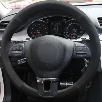 Čierny Semišový Ručne šité Auto Volant, Kryt pre Volkswagen VW Gol Tiguan Passat B7 Passat CC Touran Jetta Mk6 2010-2017