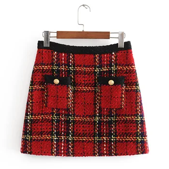 Elegantné Vrecká Tlačidlá Tweed Sukne Ženy Móda Bežné Kockované Sukni, Elegantné Dámy Riadok Mini Sukne Bežné Faldas