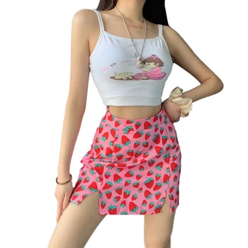 Letné Ženy Jahoda Tlač Mini Sukne Módne Bežné Sexy Sladké Ružové Vysoký Pás A Clubwear-Line Krátke Sukne 2020 Nové