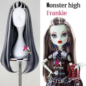 Novú parochňu frankie spoločnosť Monster High Frankie Cosplay Parochne 65 cm Čierny Mix Biela Halloween Party Syntetické Cosplay Parochňu +parochňu spp