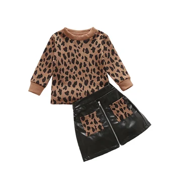 Fashhion Detí Dievča Oblečenie Nastaviť Batoľa Detský Green Brown Leopard Mikina Hip Pocket-Line Sukne Oblečenie Dievčatá