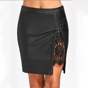 2019 Nový Office Lady Formálne Čipky patchwork bodycon sukne Vysoký Pás zips PU kožené Čierne Sexy letné módy ceruzku sukne