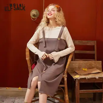 ELFSACK Solid Black Elegantný Tlačidlo Bežné Sklzu Šaty Žien Nastaviť 2020 Jeseň ELF Vintage kórejský Dámy Denne Dva Kusy Vyhovuje