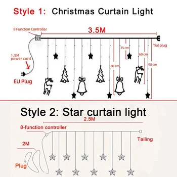 Vianočný Veniec LED Záves Svetlá 220V Vonkajšie/Vnútorné Star Zvony Jeleň Vianočné Dekorácie pre Domov Festival Víla String Svetlo