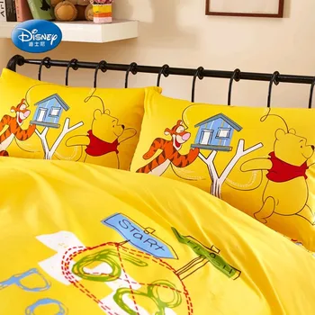 Disney Lacné Medvedík a Tiger Bavlna Žltá Perinu Nastaviť Flatsheet obliečky na Vankúše Bedlinen pre Deti detský 1,2 m 1,5 m Posteľ