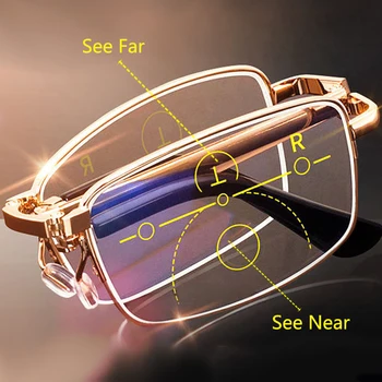 Skladacie Okuliare Prenosné Postupné Čítanie Okuliare Multifokálne Mens Anti-Blue Ray Presbyopic Okuliare s Kožené puzdro