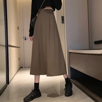 Dlho-Sukne Pre Ženy 2020 Jeseň Kórejský Vysoký Pás Pevné Maxi Sukne A-Riadok Bežné Štíhly Pás Mäkké Voľné Sukne