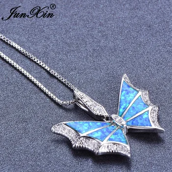 JUNXIN Krásny Prívesok Motýľ Módne Blue White Fire Opal Náhrdelník Pre Ženy, Strieborná Farba Birthstone Šperky