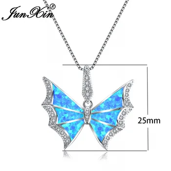 JUNXIN Krásny Prívesok Motýľ Módne Blue White Fire Opal Náhrdelník Pre Ženy, Strieborná Farba Birthstone Šperky