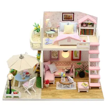 DIY Dreva Flash Miniatúrny domček pre bábiky Hračky Deti Ručné Doll House Montáž Simulácia Deti, Dievčatá, Montáž Ružová Darček k Narodeninám