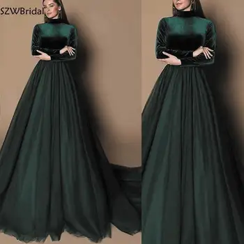 Nový Príchod Vysoký krk Dlhý rukáv večerné šaty Velvet Moslimských zvláštne príležitosti šaty pre ženy 2021 Zelená Lacné Party šaty