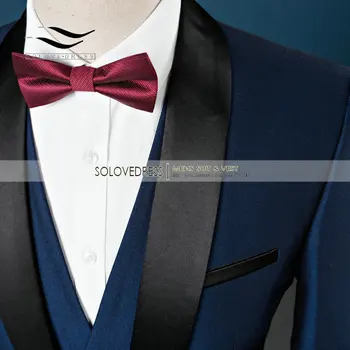 Modrá Smoking Pánske Obleky Mužov 3 Kusy Formálny Ples Sako Šatkou Klope Na Svadby Ženích Človeka ( Bunda+Vesta+Nohavice) Večeru Tuxe