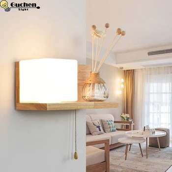 Moderné drevené Nástenné Svietidlo Nordic dizajn, kreatívne nástenná Polica lampa obývacia izba, spálňa, nočné osvetlenie led lesk umelecké Dekorácie