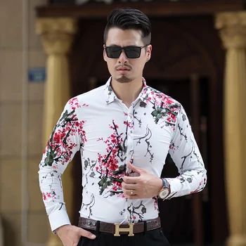 2021 Jeseň Nové Módne pánske Tričko Slim Fit Dlhý Rukáv Kvetinový Tričko Pánske Oblečenie Trend Mens Príležitostných Kvet Košele Plus Veľkosť 7XL