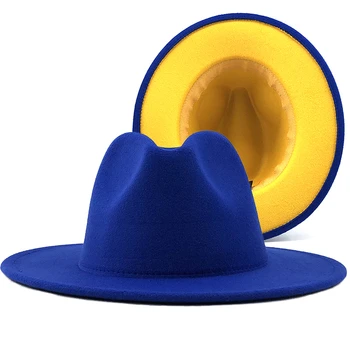 Modrá žltá Mozaika vlnená Plsť Jazz Fedora Klobúk Ženy Unisex Široký Okraj Panama Strany plstený klobúk Cowboy Spp Mužov Gentleman Svadobný Klobúk
