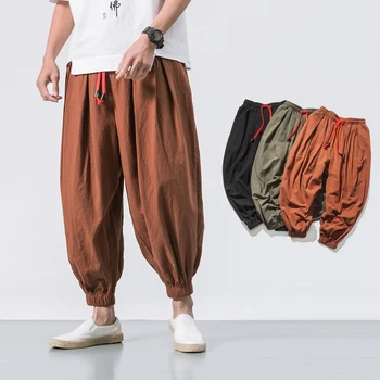 Japonský bavlna flaxen nohavice členok pruhované nohavice mužov voľné hárem Čínsky štýl veľké bloomers bielizeň krátke nohavice