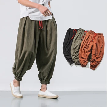 Japonský bavlna flaxen nohavice členok pruhované nohavice mužov voľné hárem Čínsky štýl veľké bloomers bielizeň krátke nohavice