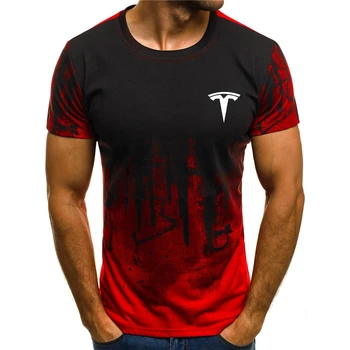 Tesla logo 3d T-shirt kolo krku gradient list tlač módne okrúhlym výstrihom, krátke rukávy T-shirt